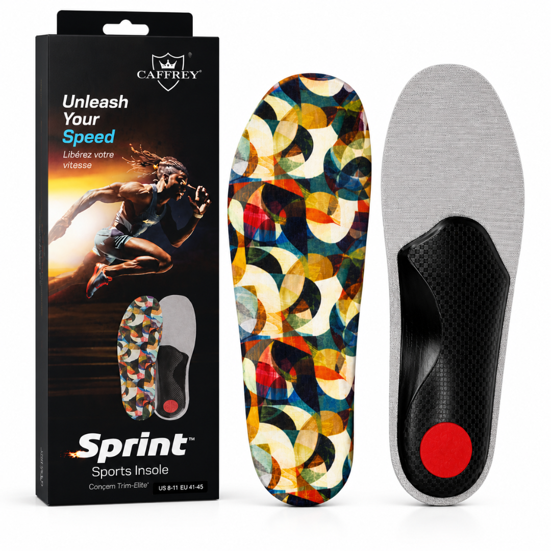CAFFREY Sprint Sports box with multicolour insole top and grey underside, black heel-to-arch support base and red heel insert.