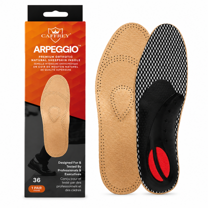 CAFFREY ARPEGGIO packaging with one pair of leather arch support insoles, showing the leather top and support underside