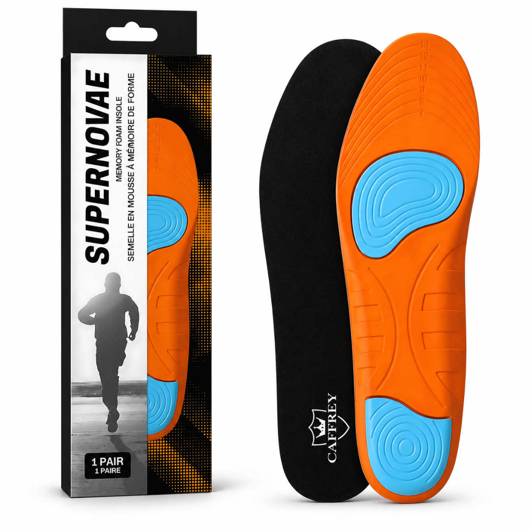 CAFFREY Super Novae package and pair, showing black fabric and an orange underside with blue heel and forefoot pads