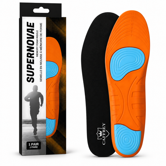 CAFFREY Super Novae package and pair, showing black fabric and an orange underside with blue heel and forefoot pads