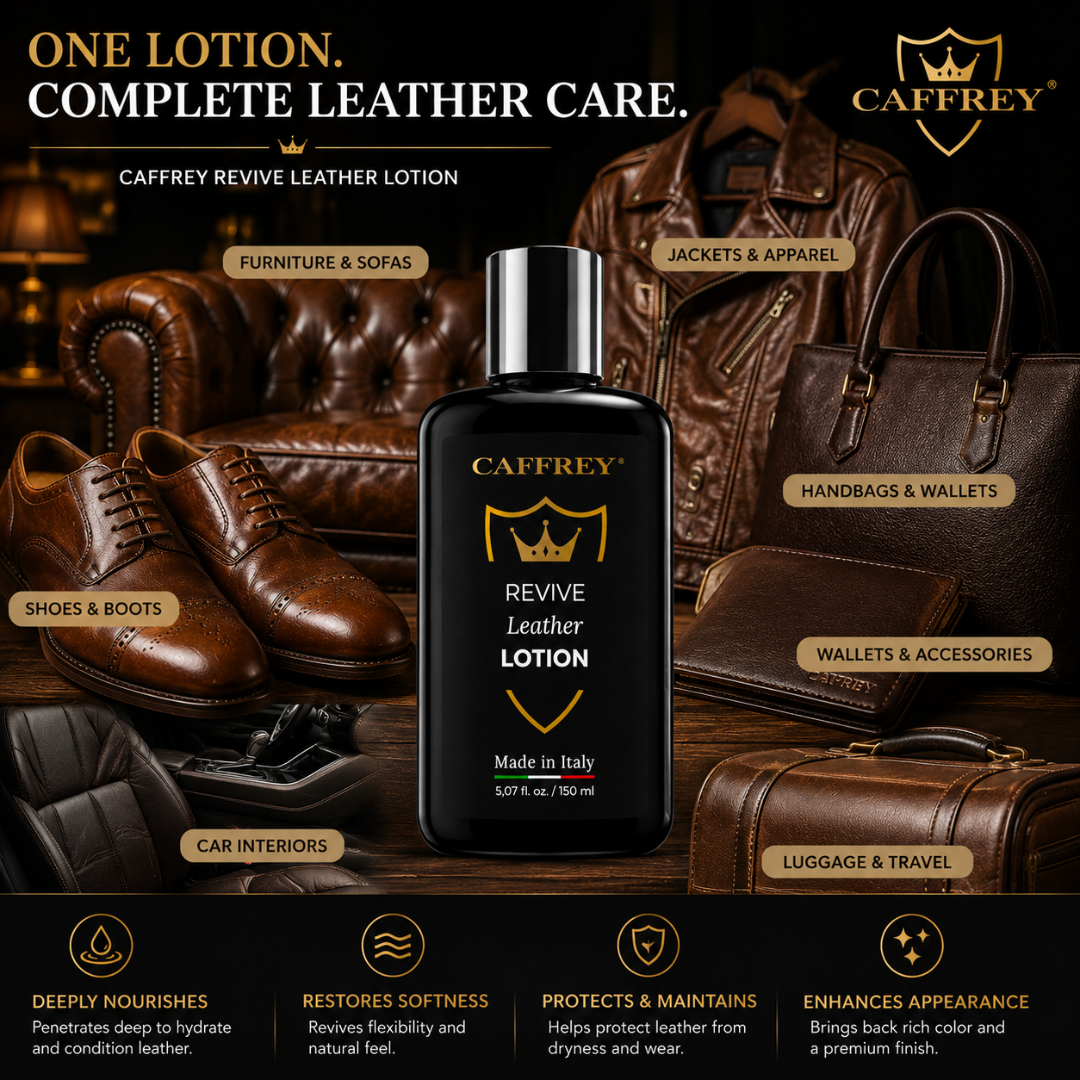 CAFFREY Revive Leather Lotion promotional leather-use collage