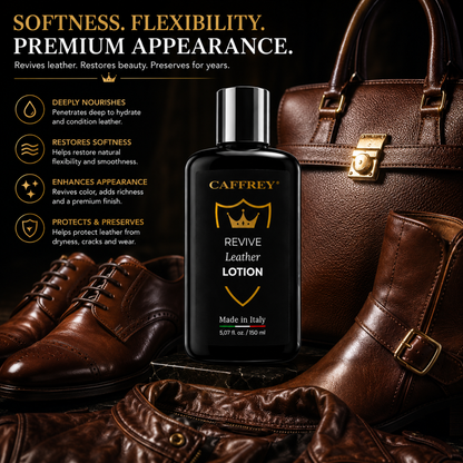CAFFREY Revive Leather Lotion with leather footwear and a handbag