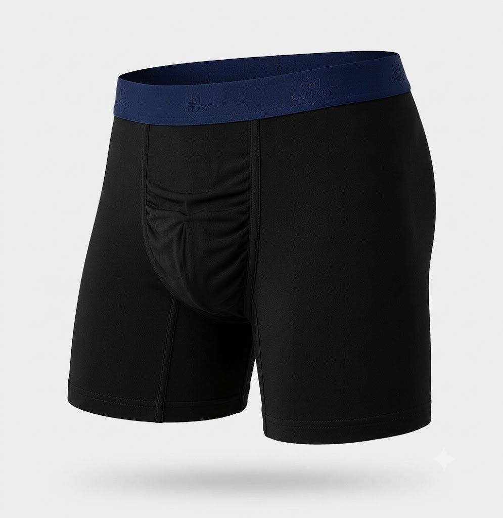 Single black CAFFREY Ballroom boxer brief with navy waistband