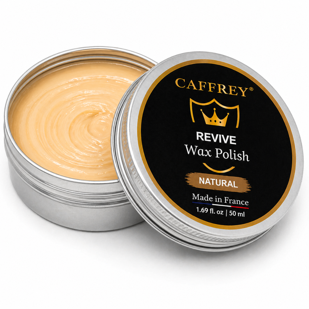 CAFFREY Revive Wax Polish Natural, open 50 ml silver tin and labelled lid, made in France
