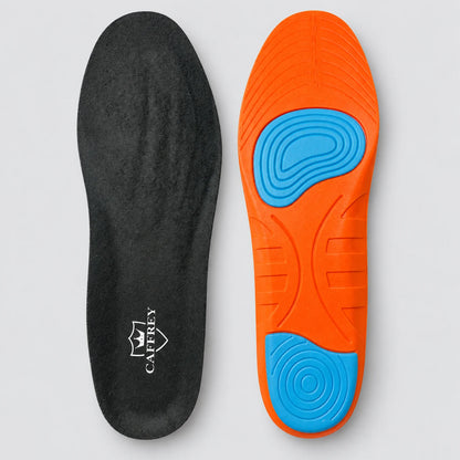 CAFFREY Super Novae black velvet upper and orange underside with two blue gel pads, shown side by side
