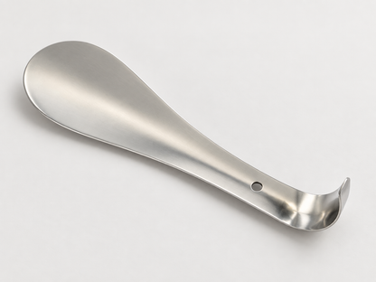 Compact stainless steel shoe horn showing its shallow curved blade and rounded tip