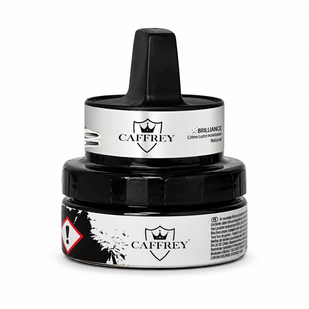 CAFFREY Brilliance Instant Shine Cream, Natural, in its closed jar with raised applicator handle.