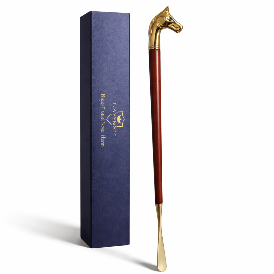 CAFFREY Royal Touch 62 cm shoe horn with gold-tone horse-head handle, wood shaft and navy gift box