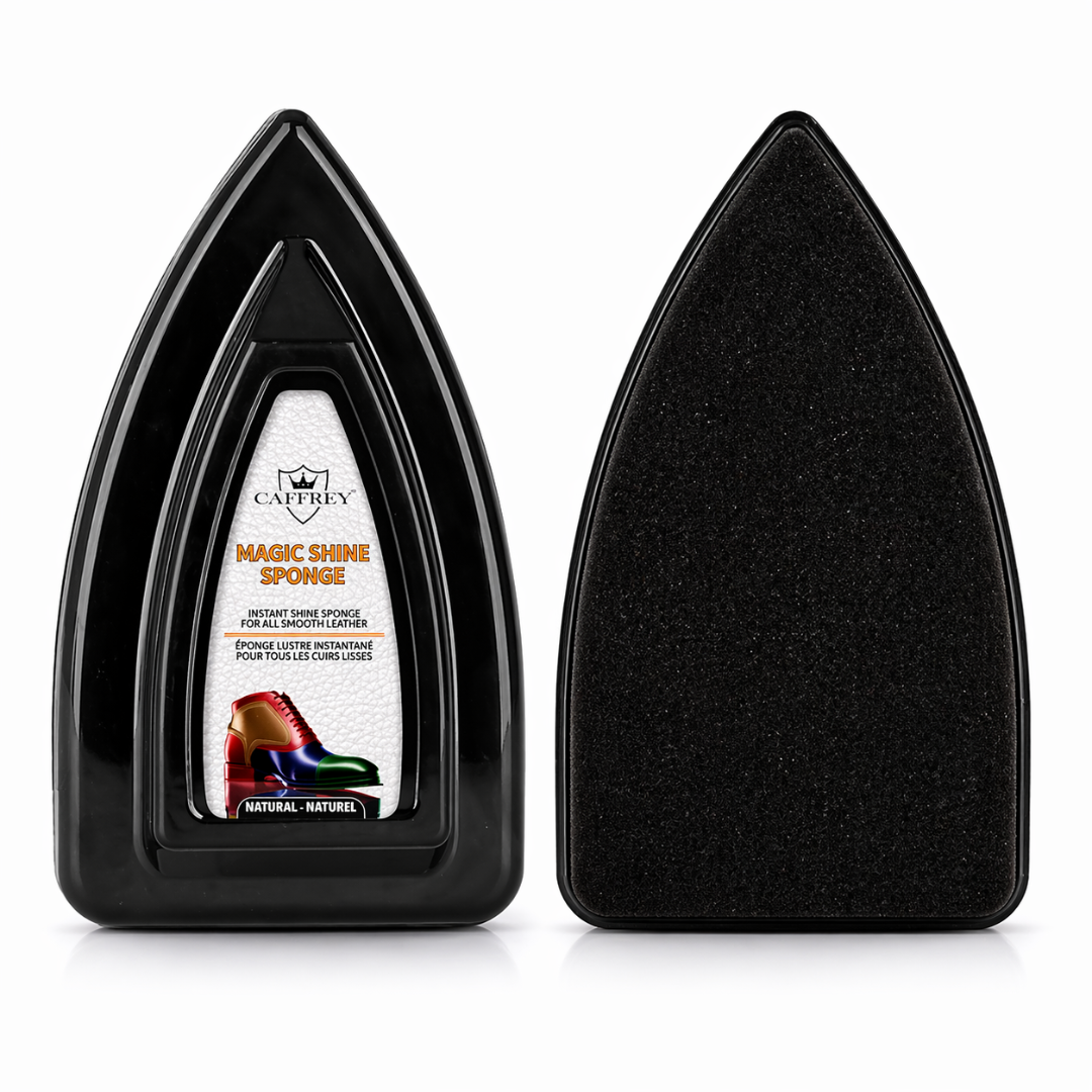 CAFFREY Magic Shoe Shine Sponge, Natural: light labelled pointed case beside the foam face