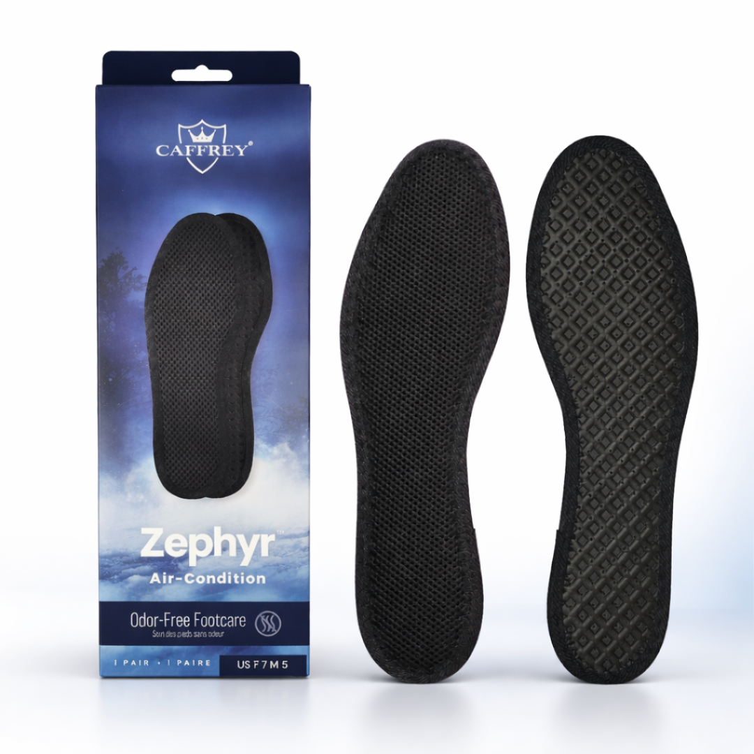 CAFFREY Zephyr blue package with black mesh top and dimpled reverse of the insoles