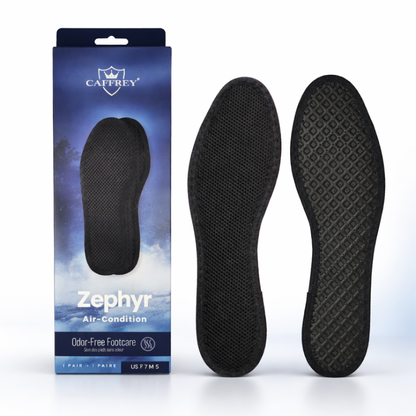 CAFFREY Zephyr blue package with black mesh top and dimpled reverse of the insoles