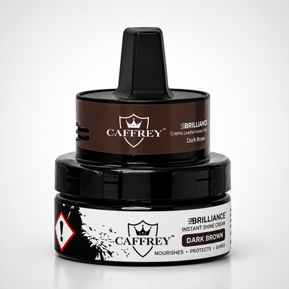 CAFFREY Brilliance Instant Shine Cream, Dark Brown, in its closed jar with raised applicator handle.