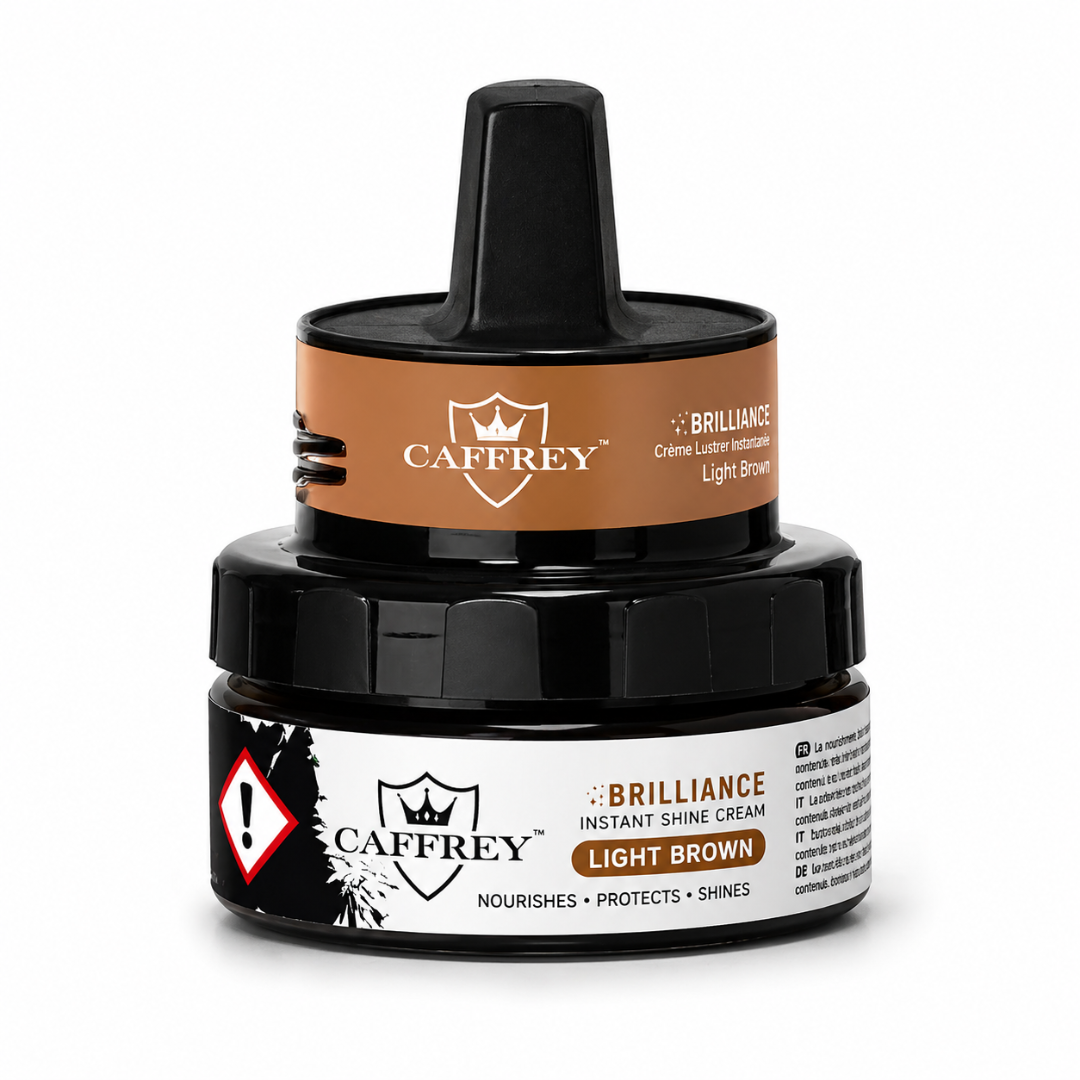 CAFFREY Brilliance Instant Shine Cream, Brown variant with Light Brown printed on the jar.