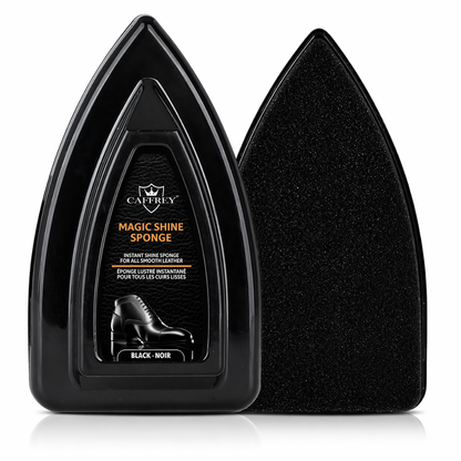 CAFFREY Magic Shoe Shine Sponge, Black: black labelled pointed case beside the foam face