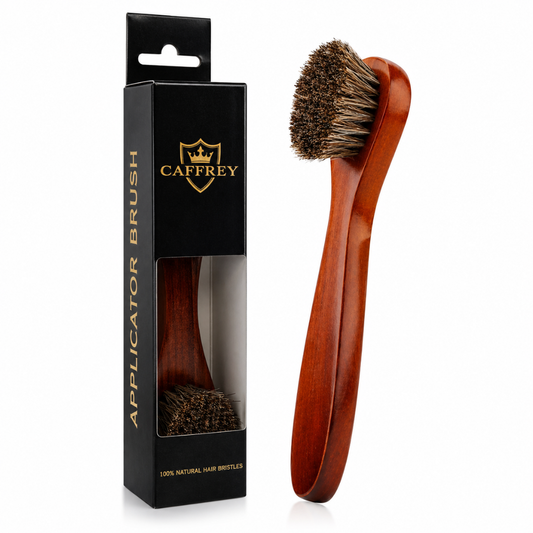 CAFFREY long-handled horsehair applicator brush beside its original black applicator-brush box