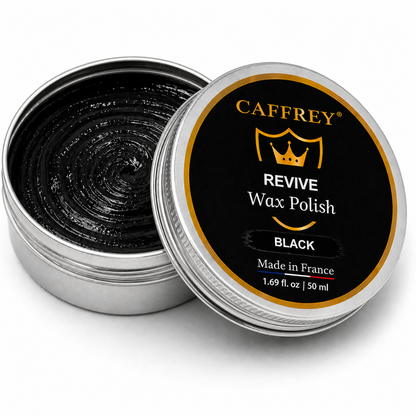 CAFFREY Revive Wax Polish Black, open 50 ml silver tin and labelled lid, made in France